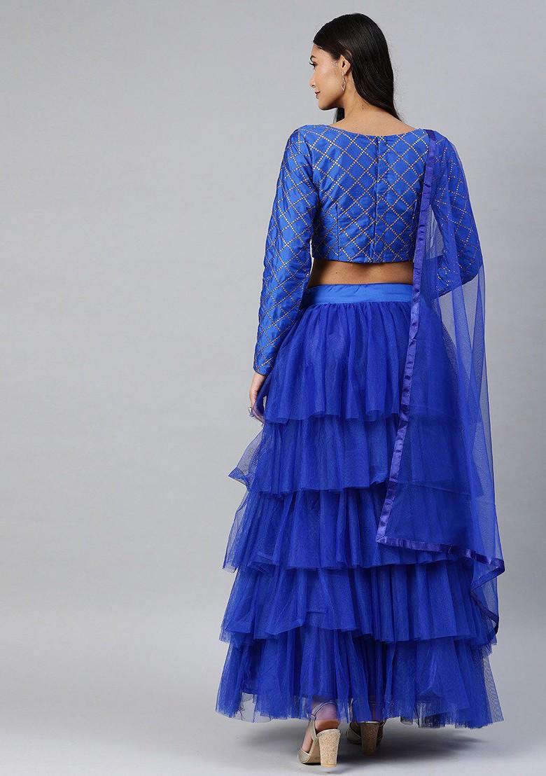 Blue Embellished Blended Lehenga Choli - Indya