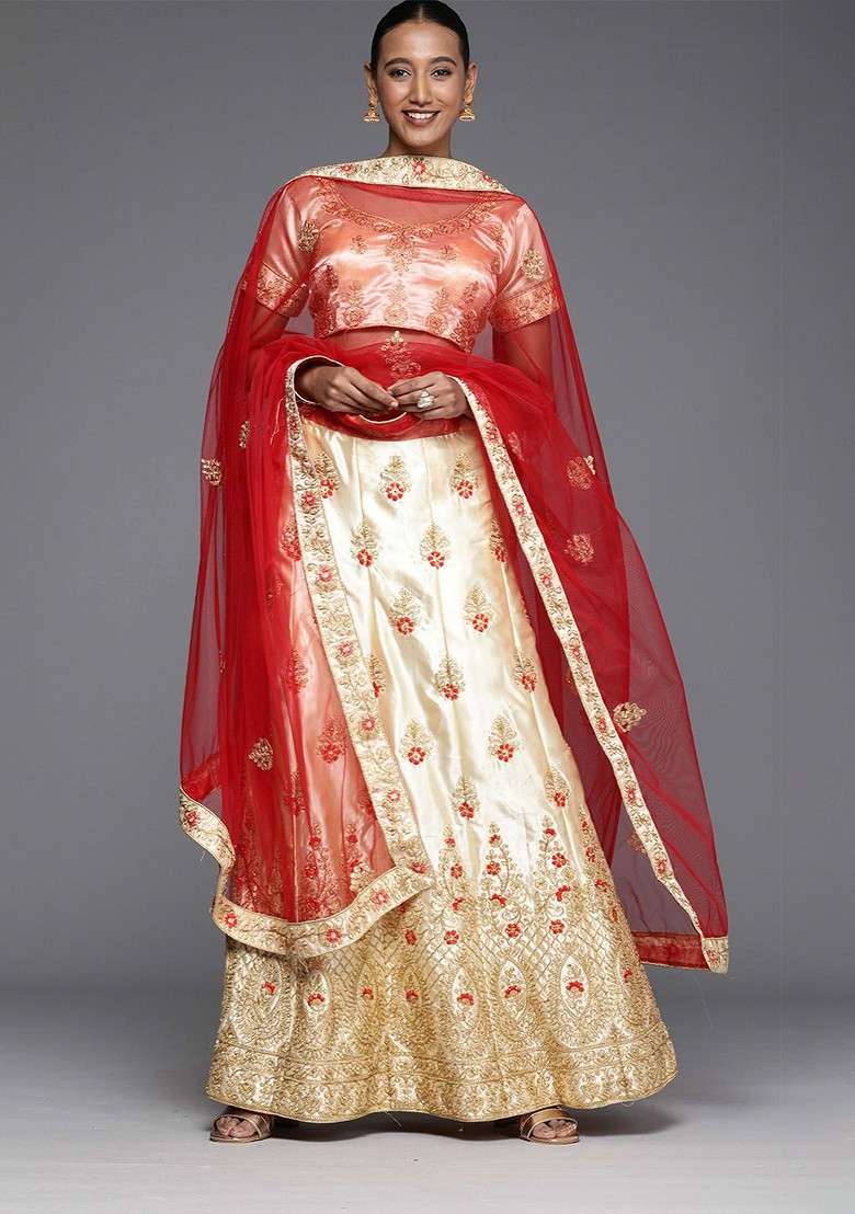 Cream Emboridered Blended Lehenga Choli - Indya