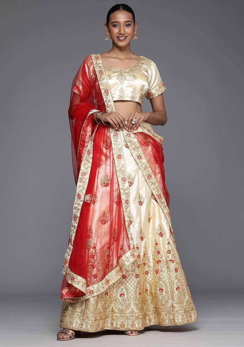 Cream Emboridered Blended Lehenga Choli - Indya