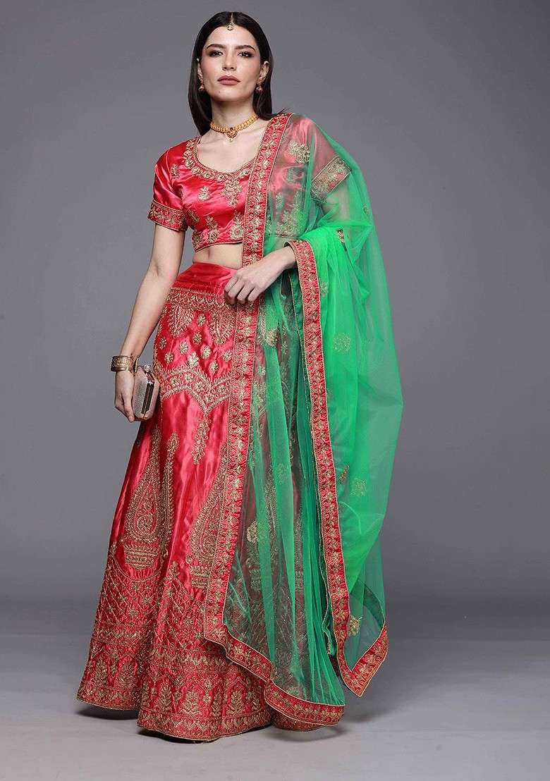 Pink Emboridered Blended Lehenga Choli - Indya