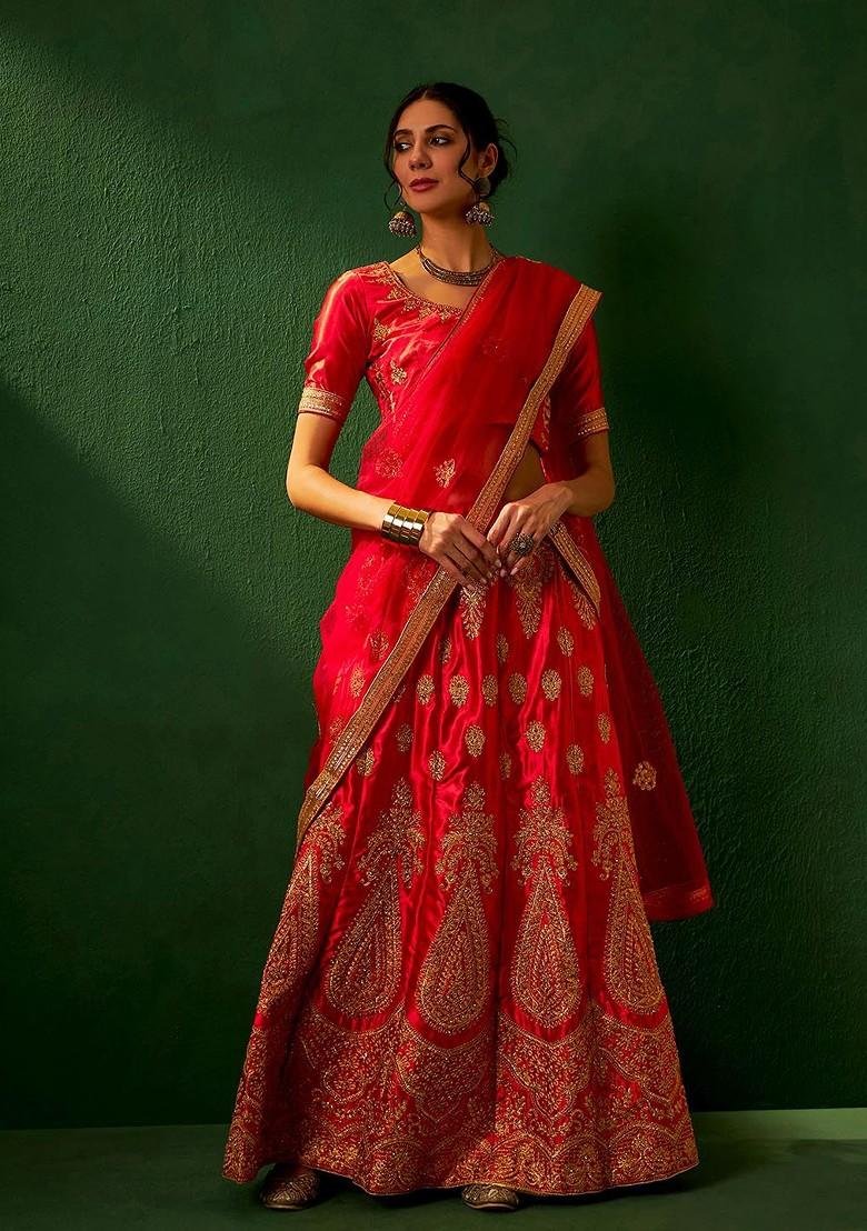 Red Emboridered Blended Lehenga Choli - Indya