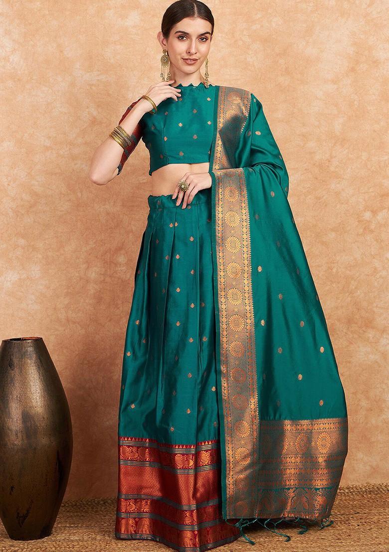 Green Woven Design Blended Lehenga Choli - Indya