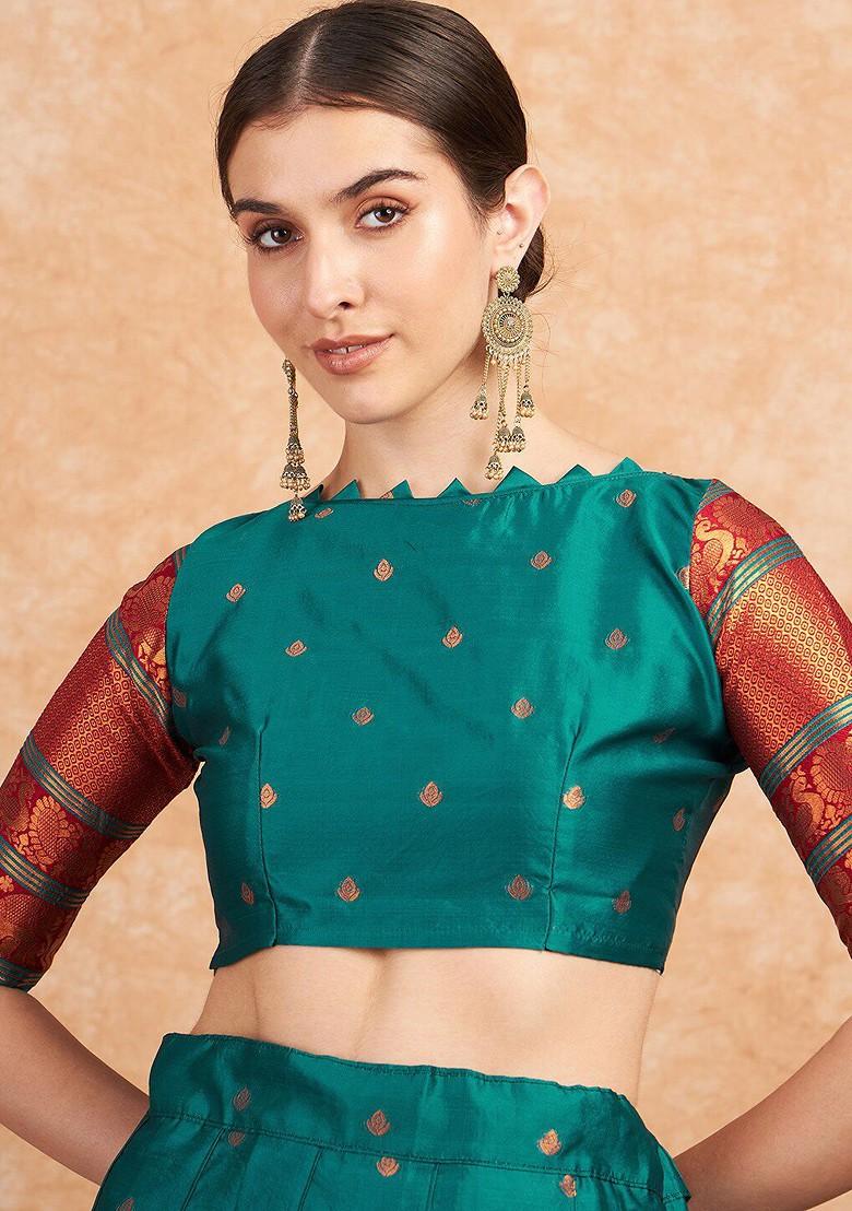 Green Woven Design Blended Lehenga Choli - Indya