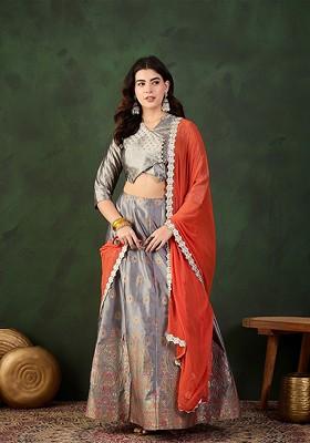 Grey Emboridered Blended Lehenga Choli
