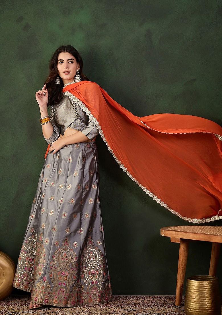Grey Emboridered Blended Lehenga Choli - Indya
