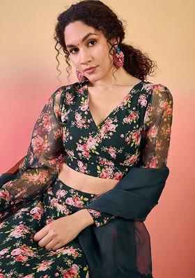 Green Printed Blended Lehenga Choli