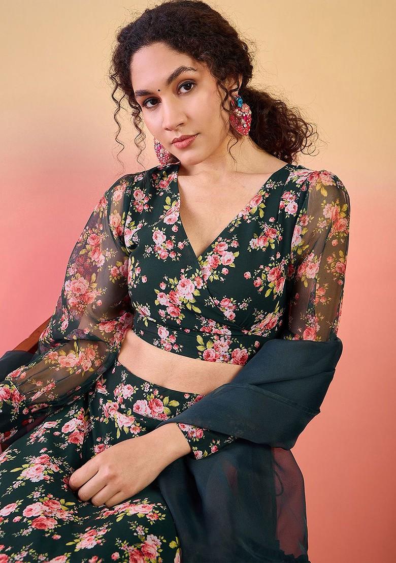 Green Printed Blended Lehenga Choli - Indya