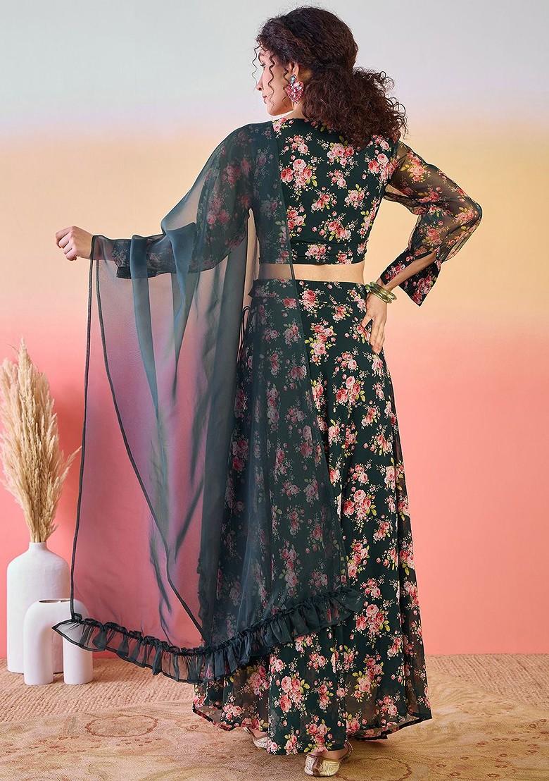 Green Printed Blended Lehenga Choli - Indya