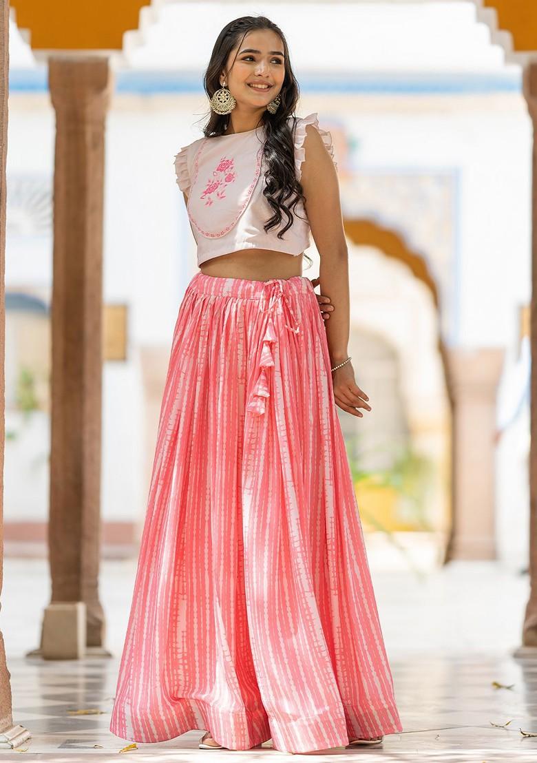 Pink Printed Blended Lehenga Choli - Indya