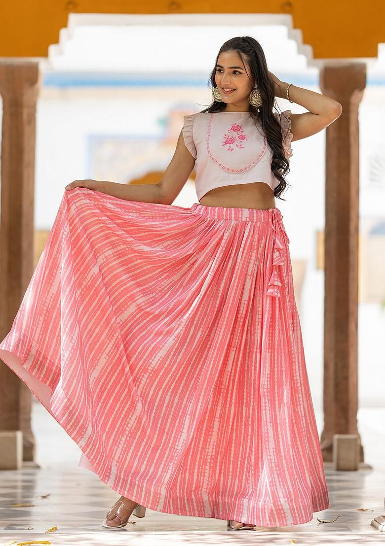 Pink Printed Blended Lehenga Choli - Indya