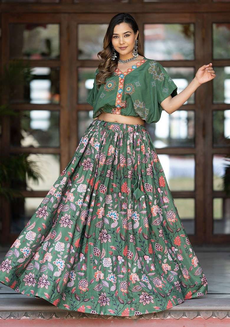 Green Printed Blended Lehenga Choli - Indya
