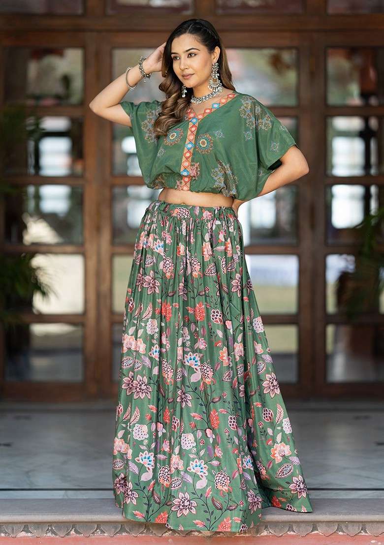 Green Printed Blended Lehenga Choli - Indya
