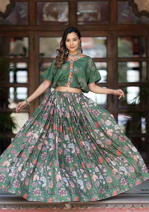 Green Printed Blended Lehenga Choli