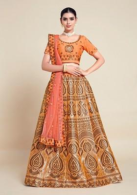 Orange Emboridered Blended Lehenga Choli