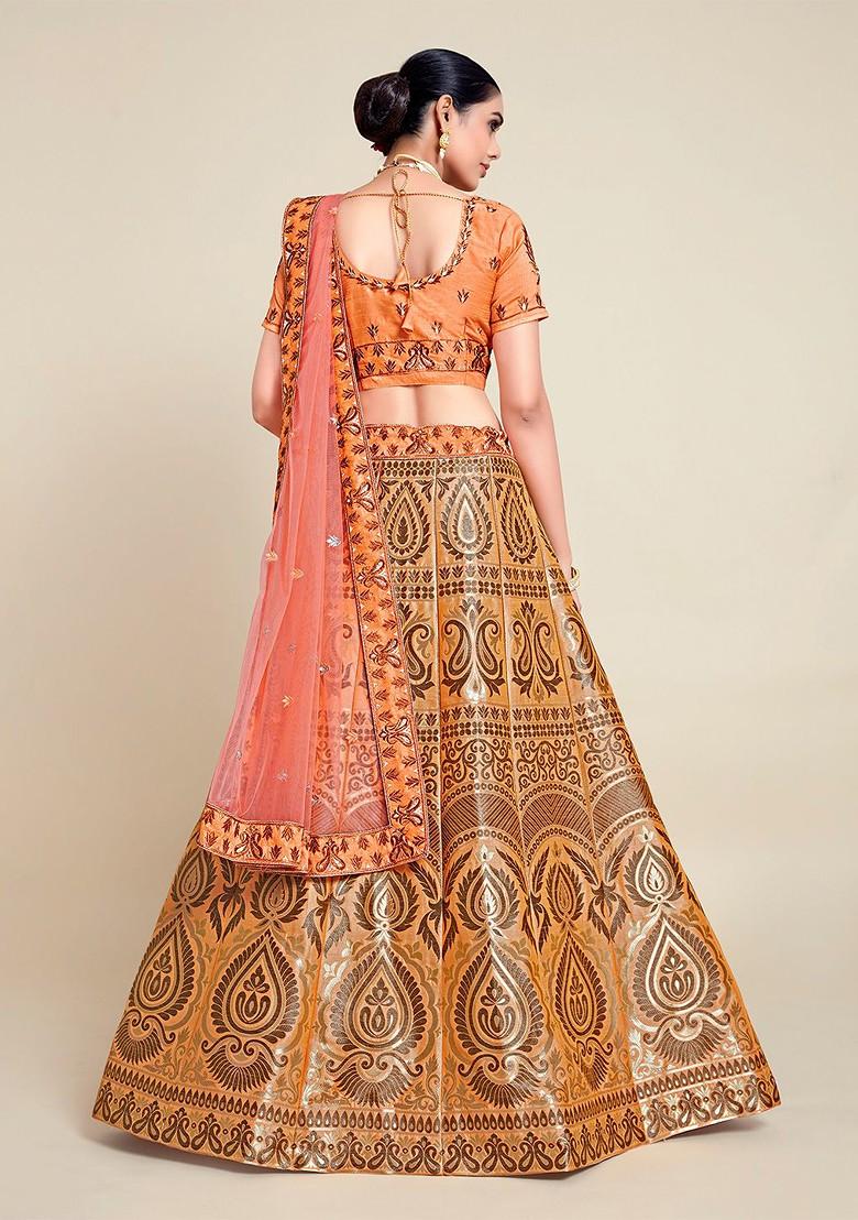 Orange Emboridered Blended Lehenga Choli - Indya