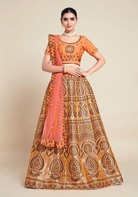Orange Emboridered Blended Lehenga Choli — view on Indya