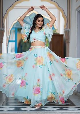 Blue Printed Blended Lehenga Choli