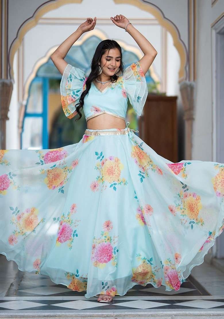 Blue Printed Blended Lehenga Choli - Indya