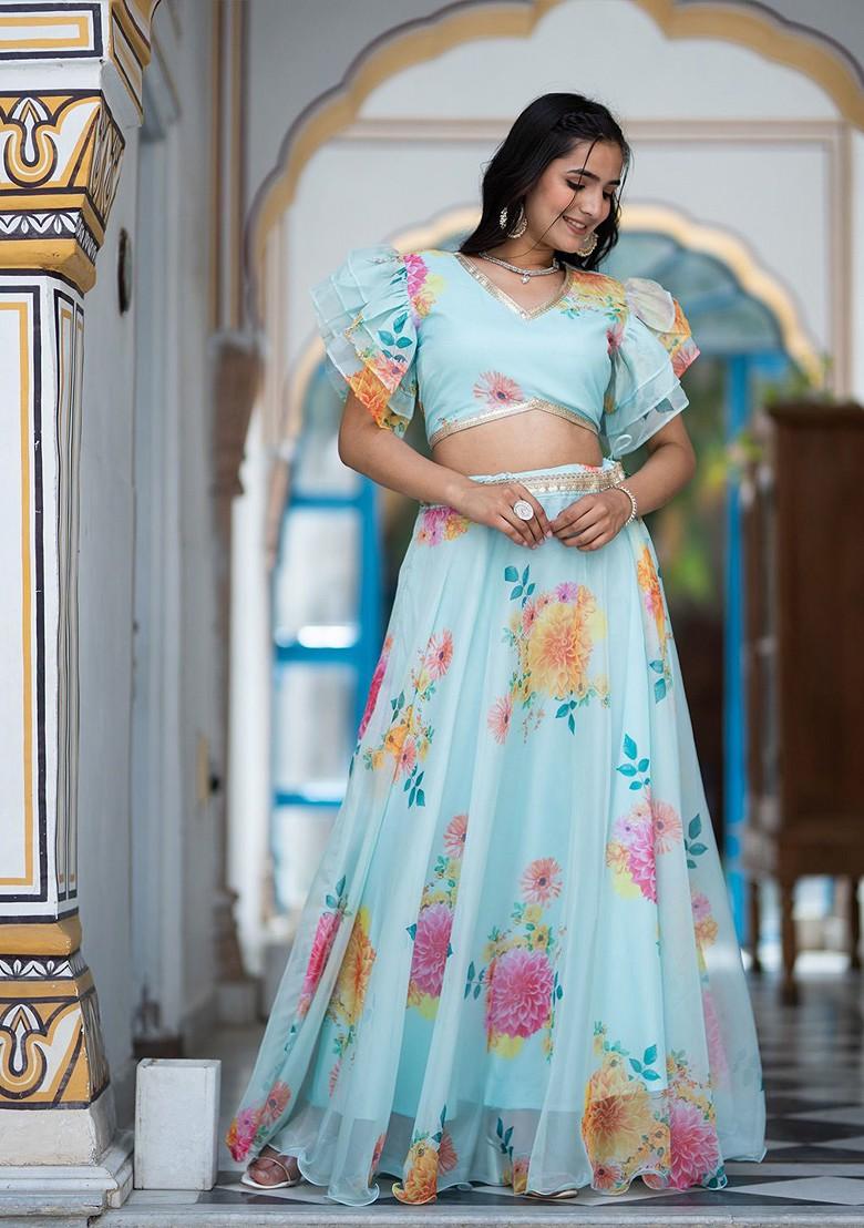 Blue Printed Blended Lehenga Choli - Indya