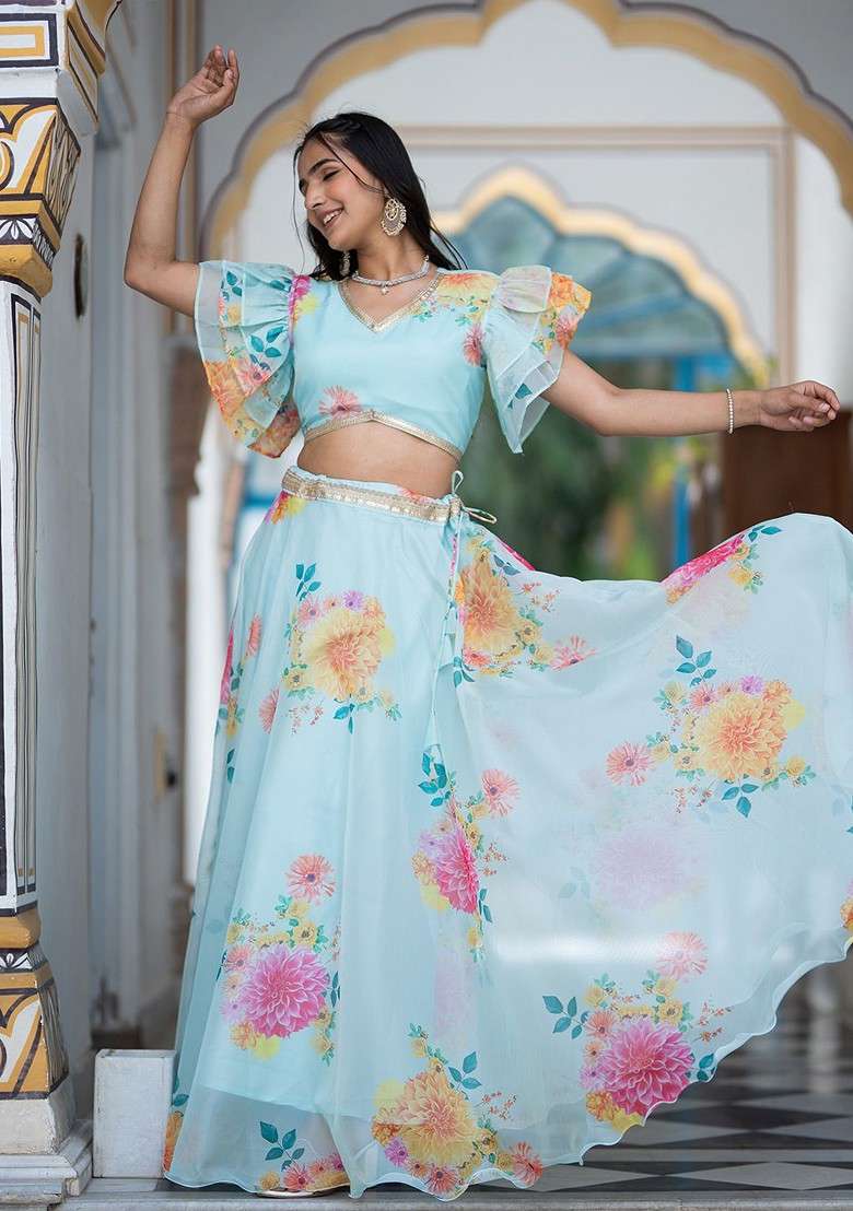 Blue Printed Blended Lehenga Choli - Indya