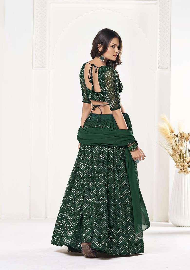 Green Emboridered Blended Lehenga Choli - Indya