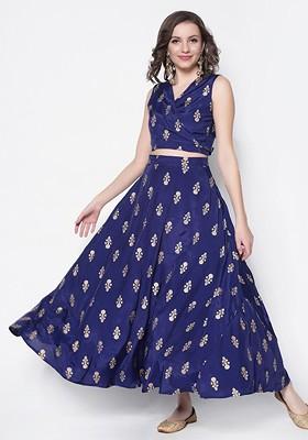 Blue Printed Blended Lehenga Choli