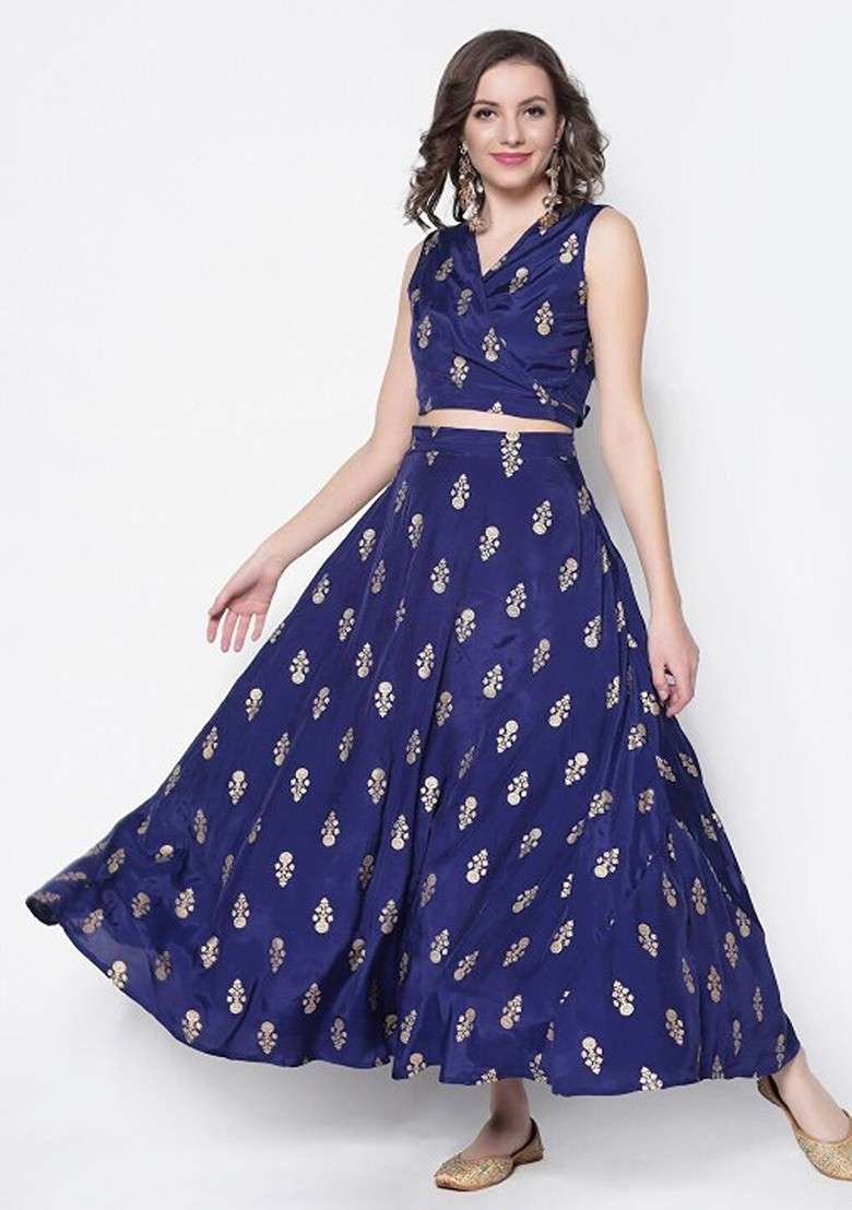 Blue Printed Blended Lehenga Choli for Diwali and Festive Wear - Indya