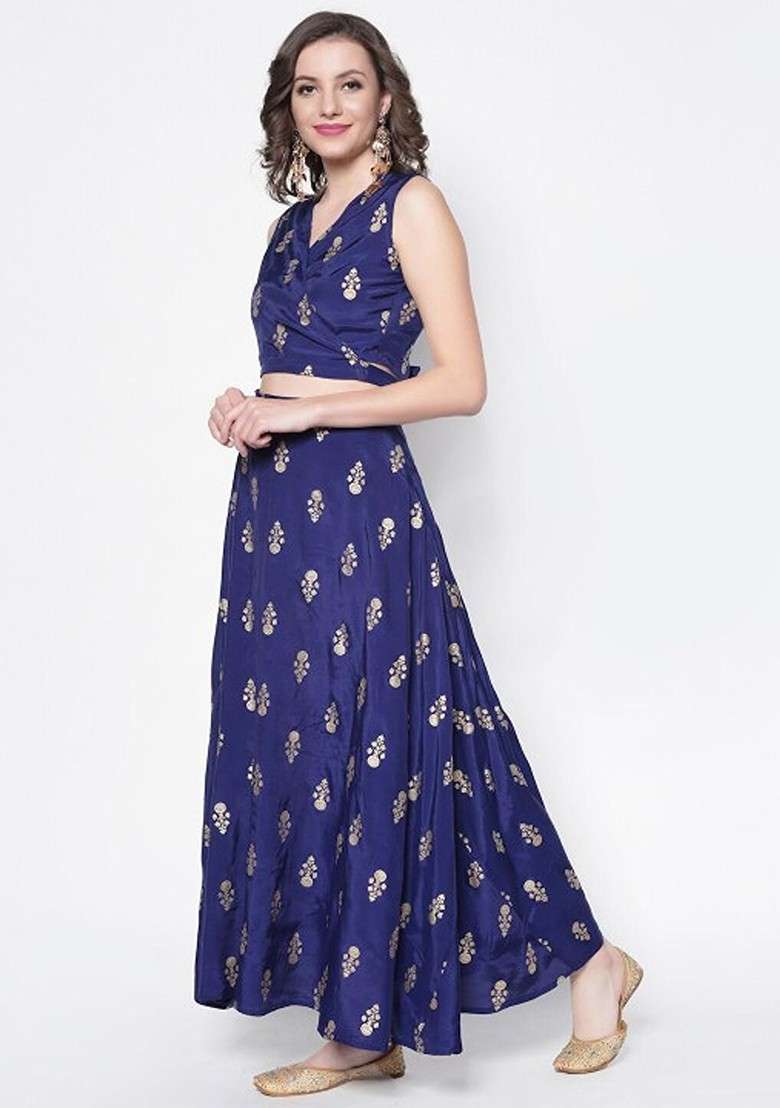 Blue Printed Blended Lehenga Choli for Diwali and Festive Wear - Indya