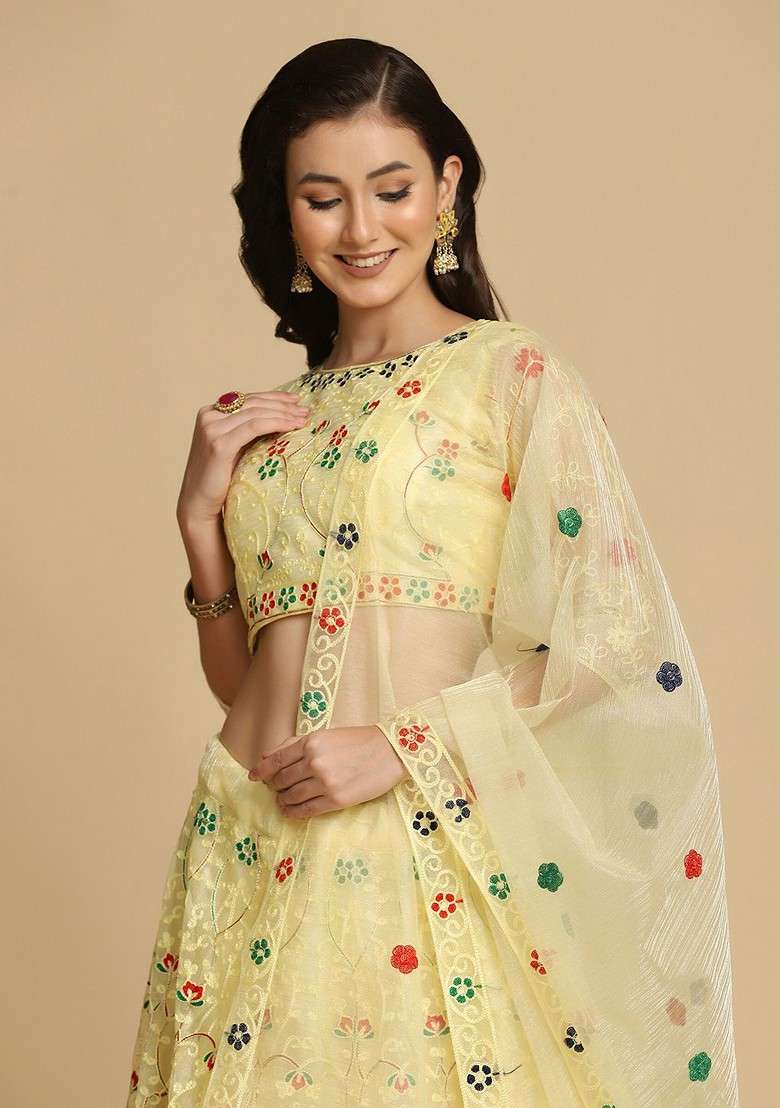 Yellow Emboridered Blended Lehenga Choli - Indya