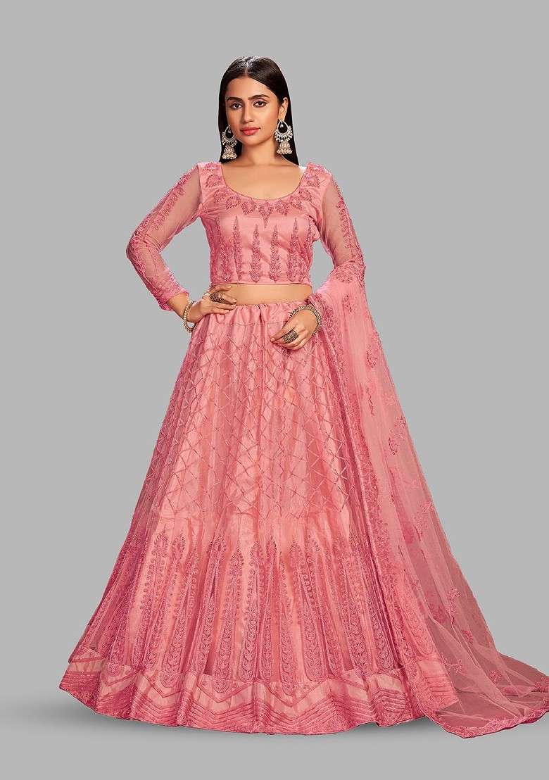 Pink Emboridered Blended Lehenga Choli - Indya