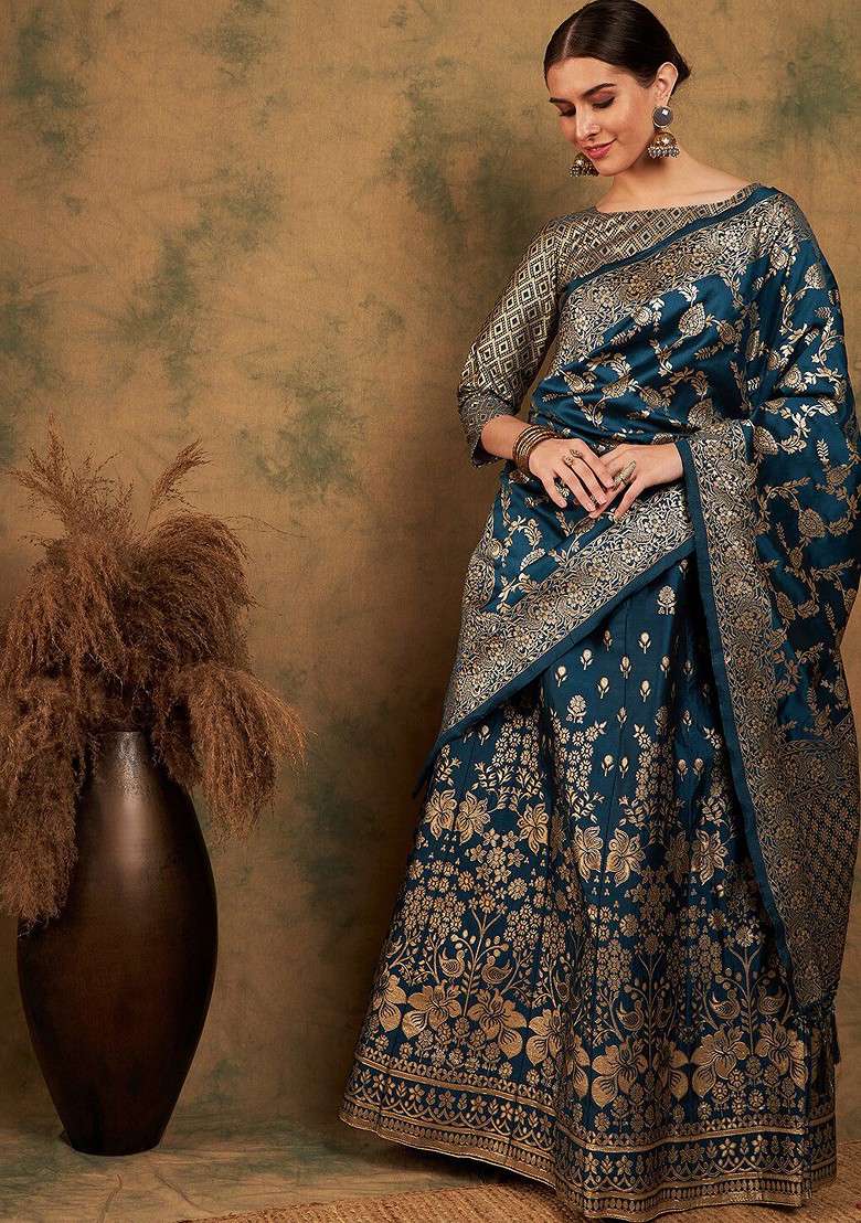 Blue Emboridered Blended Lehenga Choli - Indya
