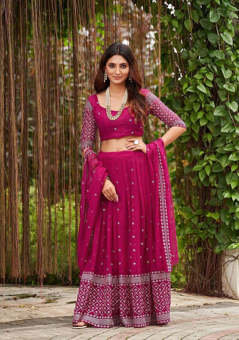 Pink Emboridered Blended Lehenga Choli - Indya