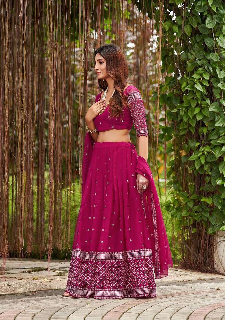 Pink Emboridered Blended Lehenga Choli - Indya