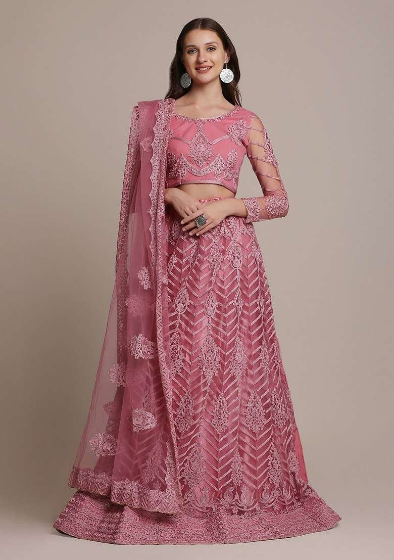 Pink Emboridered Blended Lehenga Choli - Indya