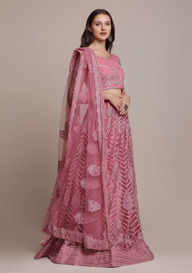 Pink Emboridered Blended Lehenga Choli - Indya