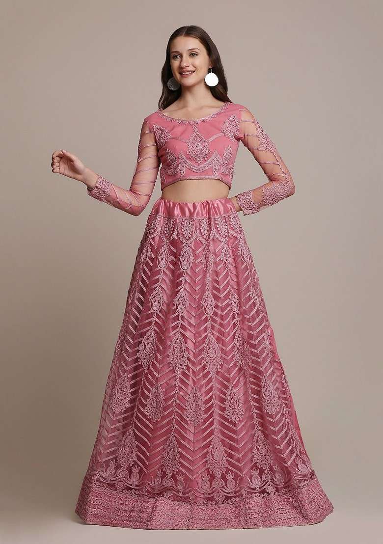 Pink Emboridered Blended Lehenga Choli - Indya