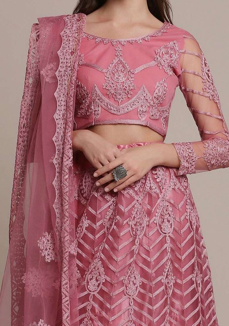 Pink Emboridered Blended Lehenga Choli - Indya
