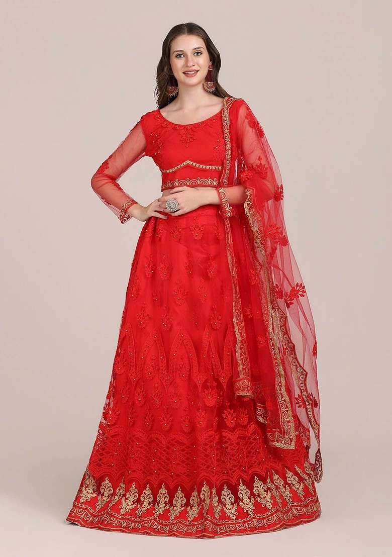 Red Emboridered Blended Lehenga Choli - Indya
