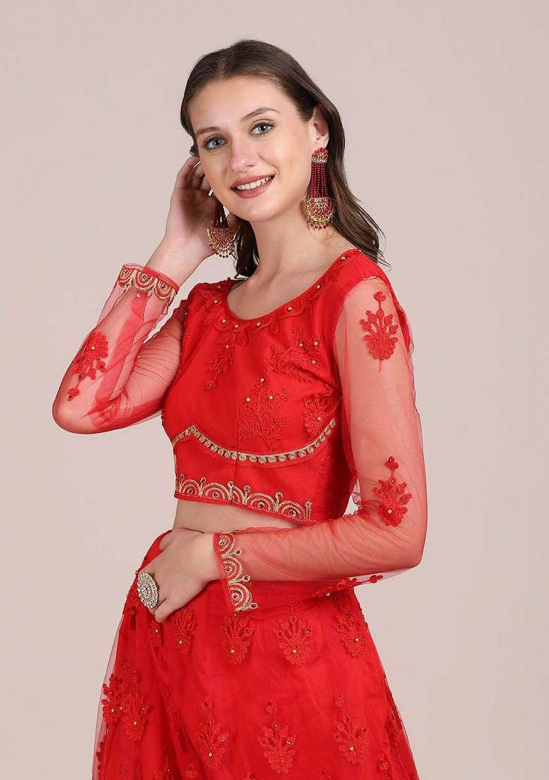Red Emboridered Blended Lehenga Choli - Indya