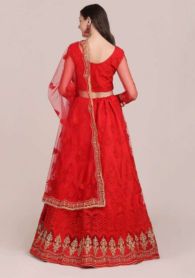 Red Emboridered Blended Lehenga Choli - Indya