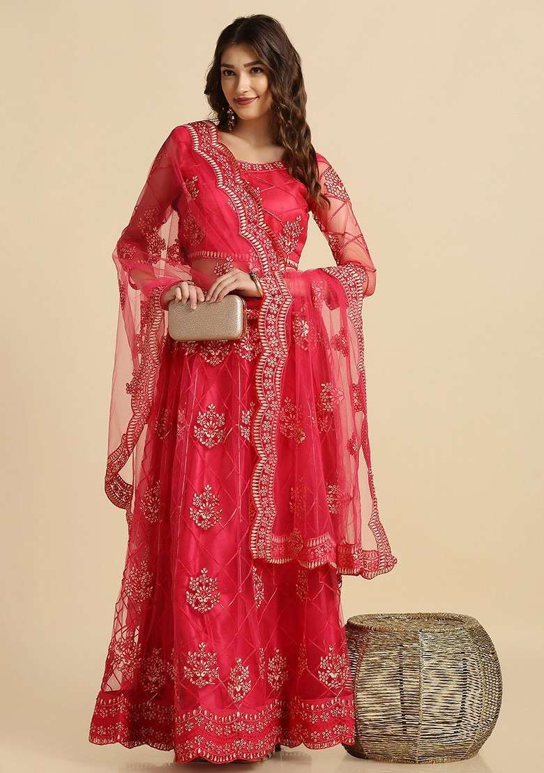 Pink Emboridered Blended Lehenga Choli - Indya