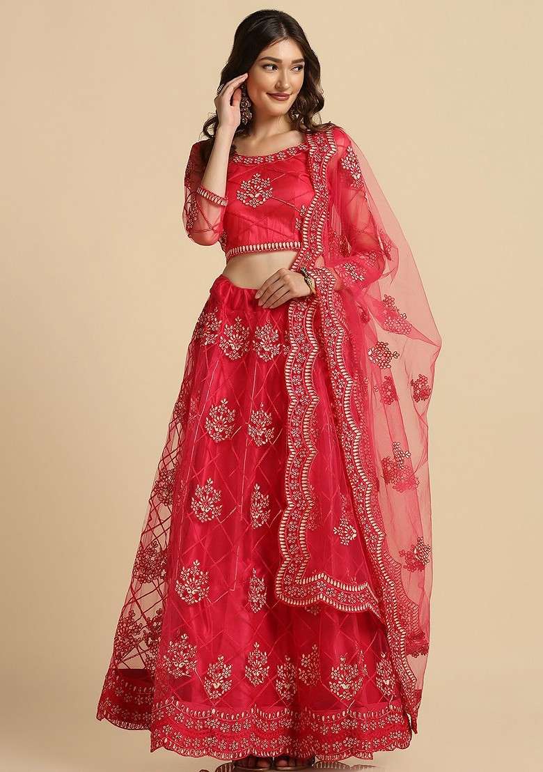 Pink Emboridered Blended Lehenga Choli - Indya