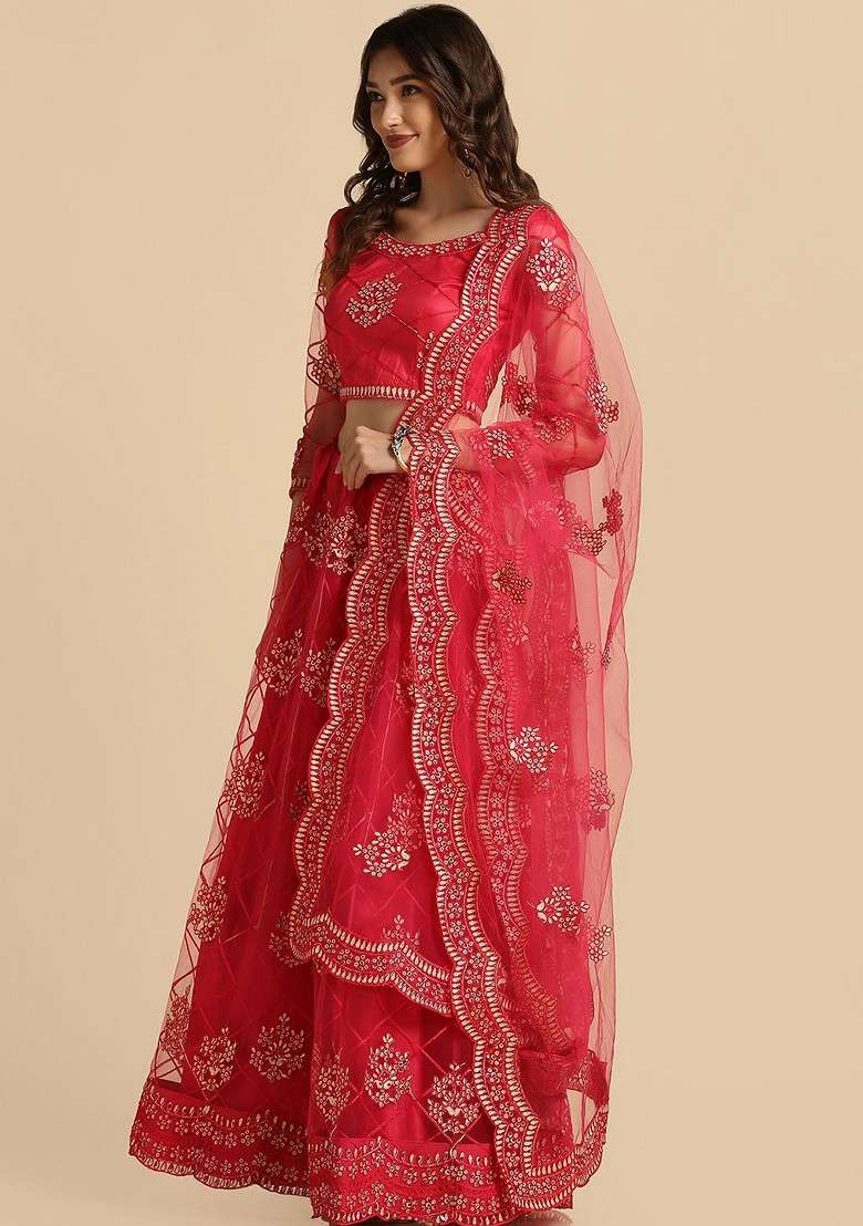 Pink Emboridered Blended Lehenga Choli - Indya