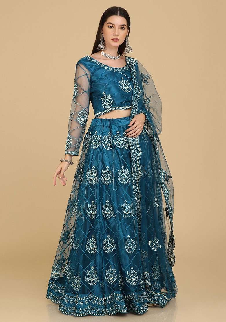 Blue Emboridered Blended Lehenga Choli - Indya