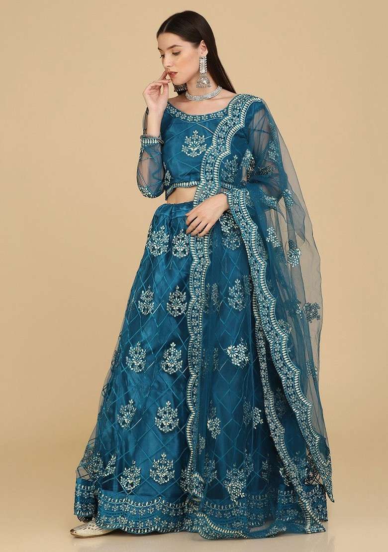 Blue Emboridered Blended Lehenga Choli - Indya