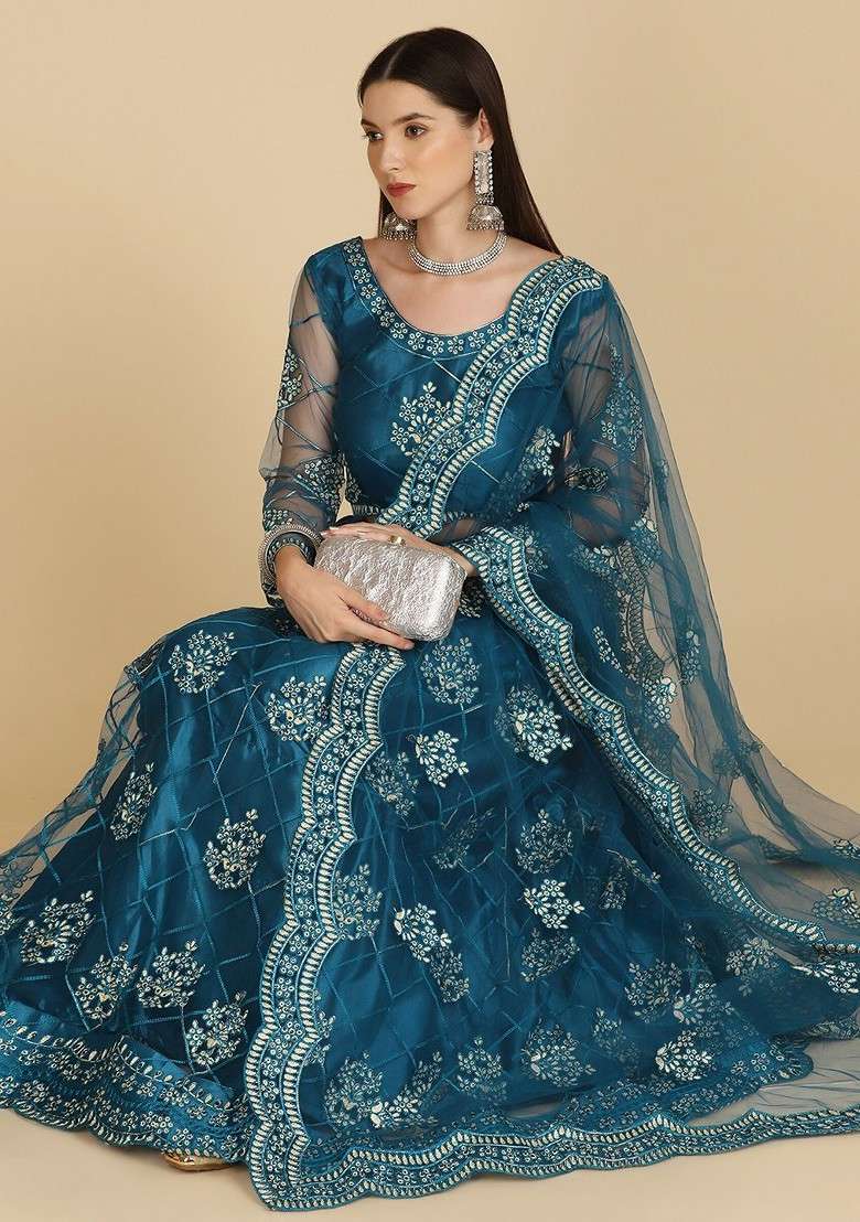 Blue Emboridered Blended Lehenga Choli - Indya