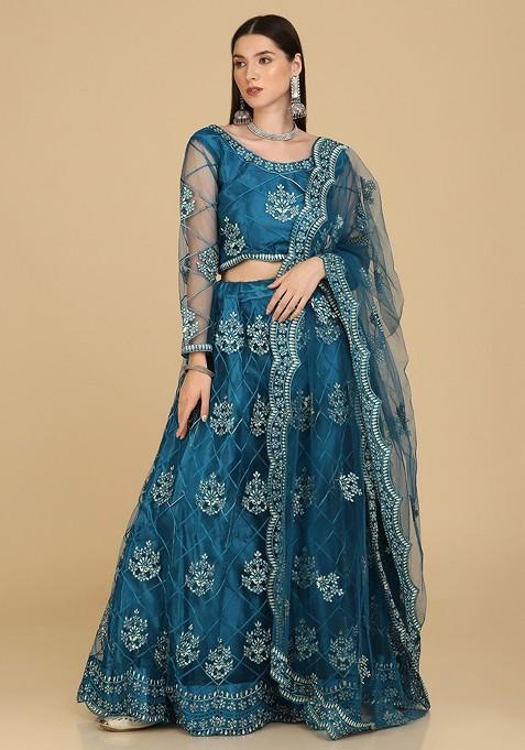 Blue Emboridered Blended Lehenga Choli
