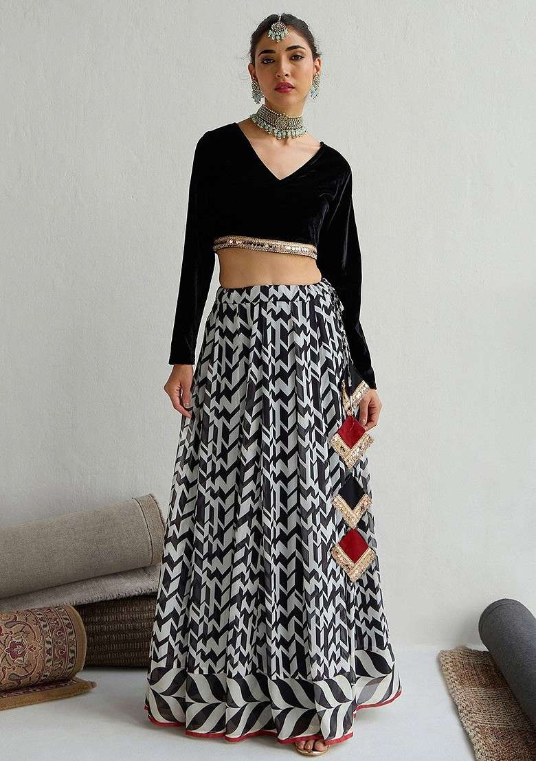 Black Embellished Blended Lehenga Choli for Diwali and Festive Wear - Indya