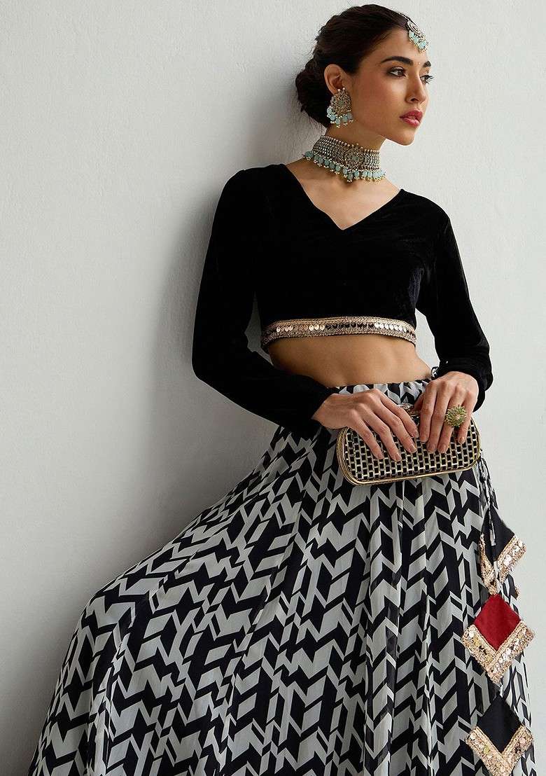 Black Embellished Blended Lehenga Choli for Diwali and Festive Wear - Indya