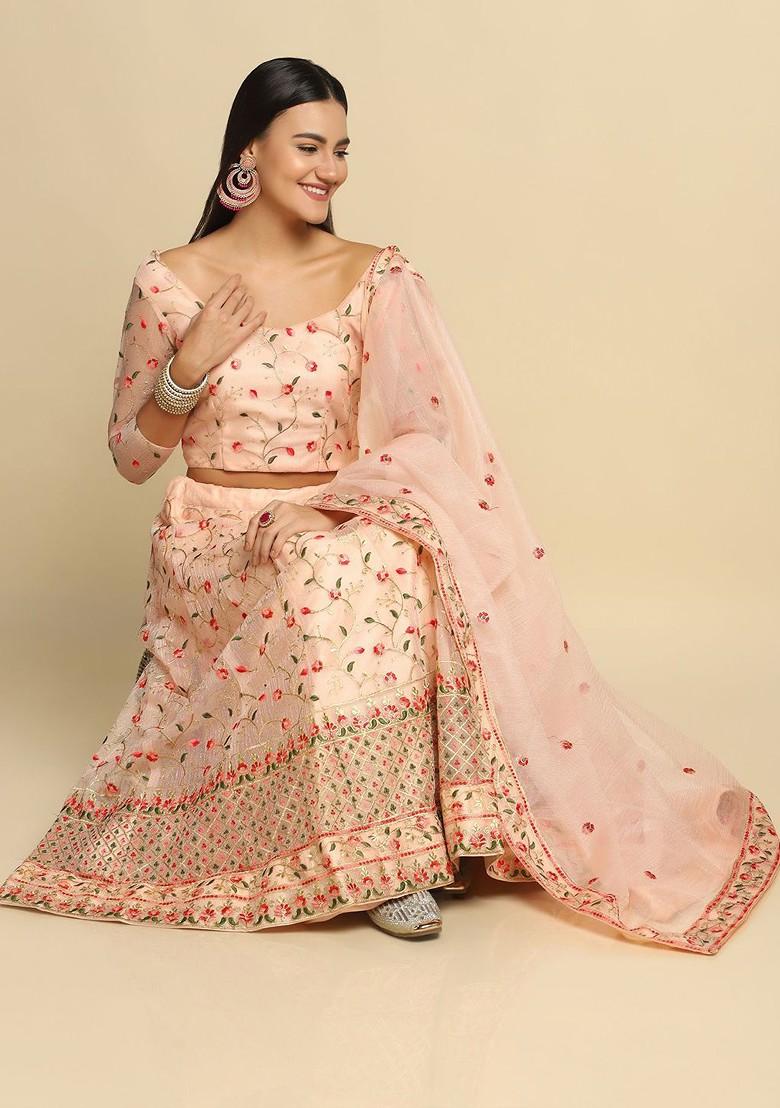 Pink Emboridered Blended Lehenga Choli - Indya